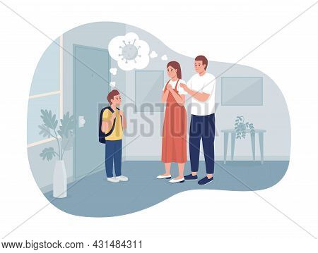 Anxious Parents And Their Son 2d Vector Isolated Illustration. Mom And Dad Worried About Coronavirus
