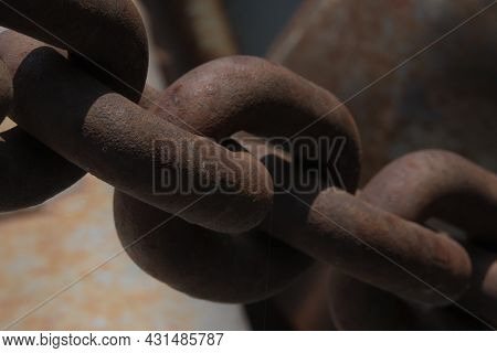 Close-up Of An Old Rusty Massive Chain Of An Old Tow Truck