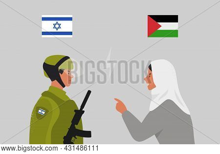 Israel And Palestine. Muslim Arabic Woman And Israeli Soldier. Conflict Israel-palestine. Vector
