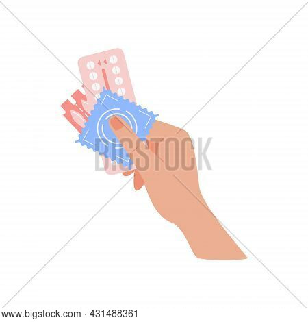 Person Holding In Hand Different Types Of Contraception. Birth Control Methods Concept. Condom And H