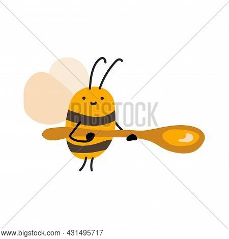 Cute Fat Little Bee With Spoon In Doodle Style. Logo Scandinavian Baby Print In Yellow And Black Col