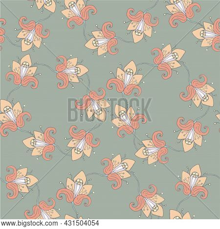 Floral Orange Seamless Pattern On Grey Art Design Elements Stock Vector Illustration For Web, For Pr
