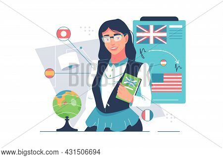 Woman Professional Foreign Language Teacher Vector Illustration. Character Lecturer With Book Flat S