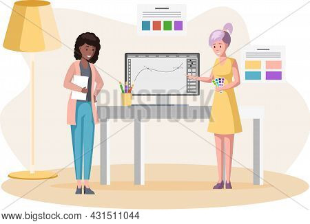 Graphic Designer Creating His Artwork Using Computer Software And Lising Music. Digital Artist, Illu