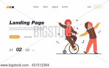Happy Clowns Standing On Circus Arena Flat Vector Illustration. Cartoon Joker Characters Performing 