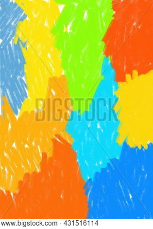 Hand-drawn Crayon Circular Scribble Background In Red Orange Yellow Blue Orange Colors. Chalk Textur