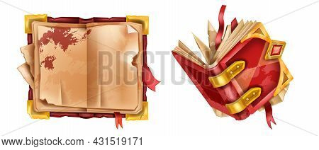 Old Book Set, Vector Ancient Vintage Manuscript, Red Leather Cover, Medieval Game Parchment Paper. M