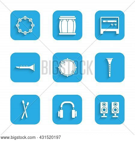 Set Dial Knob Level, Headphones, Stereo Speaker, Clarinet, Drum Sticks, Guitar Amplifier And Tambour