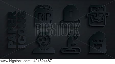 Set Zombie Hand, Chocolate Bar, Priest, Funny Scary Ghost Mask, Tombstone With Rip Written And Icon.