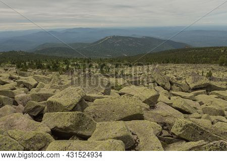 Large Kurum Stones Lie In The Forest In The Mountains, Stones Covered With Moss, Against The Backgro