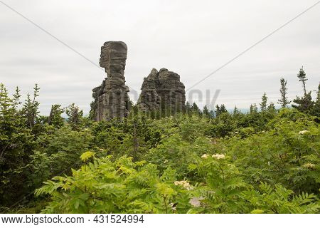 Large Kurum Stones Lie In The Forest In The Mountains, Stones Covered With Moss, Against The Backgro