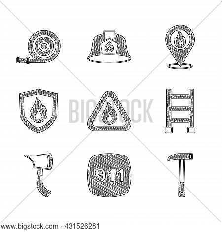 Set Fire Flame In Triangle, Emergency Call 911, Firefighter Axe, Escape, Protection Shield, Location