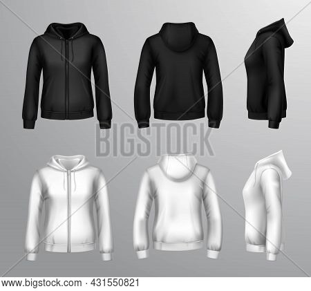 Realistic Black And White Hooded Sweatshirts For Women With Front Back And Side View Isolated Vector