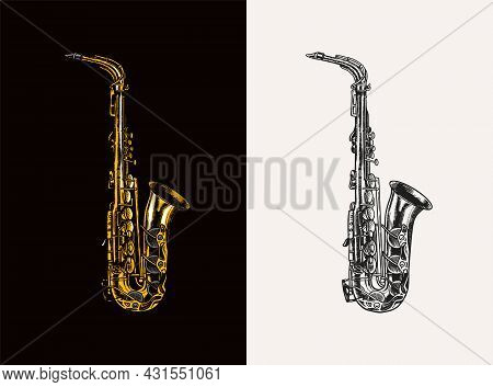 Jazz Saxophone In Monochrome Engraved Vintage Style. Hand Drawn Trumpet Sketch For Blues And Ragtime
