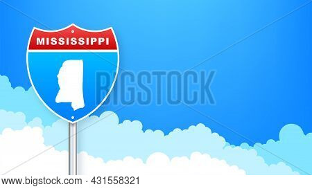 Mississippi Map On Road Sign. Welcome To State Of Mississippi. Vector Illustration.
