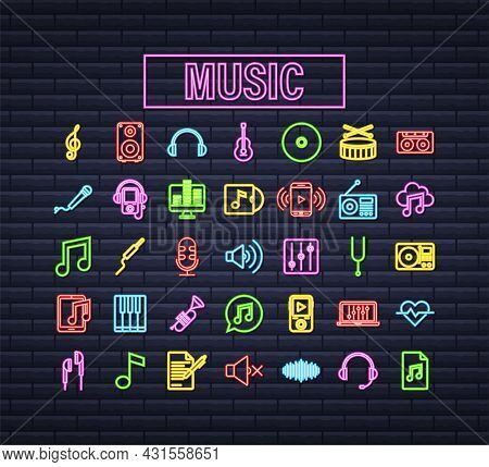 Music Neon Icon In Flat Style. Music, Voice, Record Icon. Vector Stock Illustration.