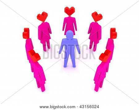 Kadın aşık çevrili bir adam.