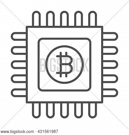 Bitcoin Emblem On Circuit Microchip Thin Line Icon, Cryptocurrency Concept, Btc Processor Vector Sig