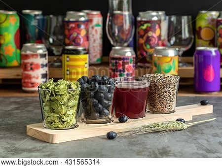 Wooden Board For Flight Set Craft Beer Tasting. Sour Fruited Blueberry Ipa With Ingredients. Bar Wit