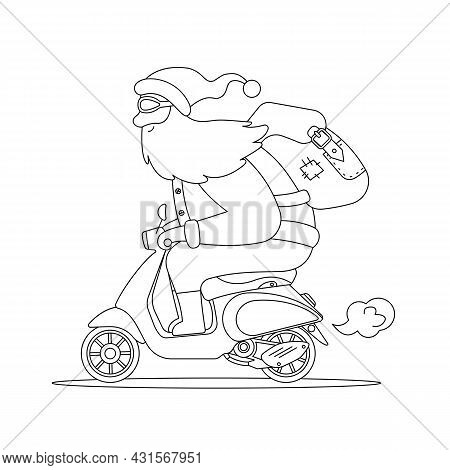 Santa Claus Rides Vintage Motor Scooter With Backbag Of Presents. Christmas Coloring Page. Vector Ca