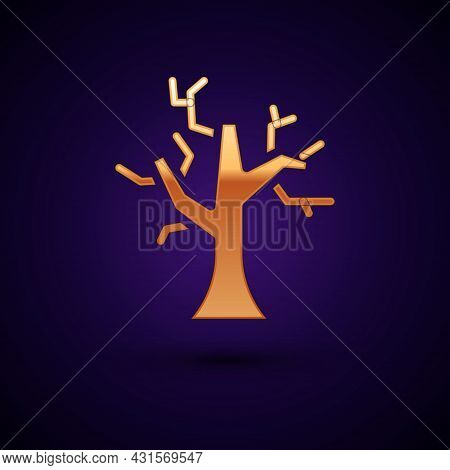 Gold Withered Tree Icon Isolated On Black Background. Bare Tree. Dead Tree Silhouette. Vector