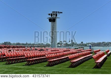 SAN DIEGO, CALIFORNIA - 25 AUG 2021: seating at the Rady Shell concert venue in Jacobs Park.