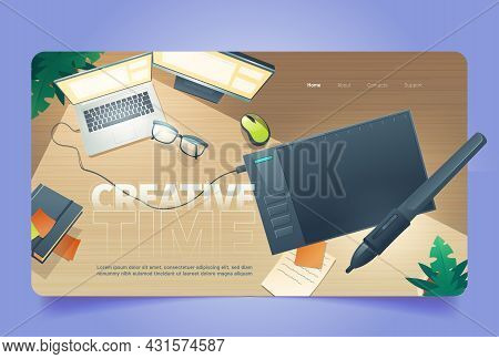 Creative Time Cartoon Landing Page, Graphic Designer Workplace Top View With Digital Tablet For Pain