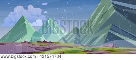 Mountain Landscape With Rain. Vector Cartoon Illustration Of High Rocks And Peaks With Cliffs, Ledge