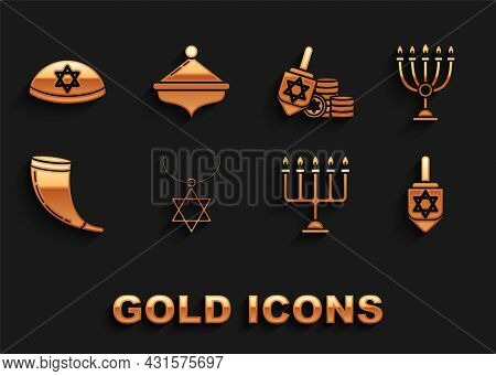 Set Star Of David Necklace On Chain, Hanukkah Menorah, Dreidel, Traditional Ram Horn, Shofar, And Co