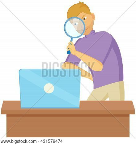 Gesture That Boys See Magnifying Glass. Cunning Guy Holding Loupe, Looking For Something In Laptop, 