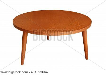 Round Wooden Coffee Table On Three Legs With A Beautiful Wood Texture. Isolated On A White Backgroun
