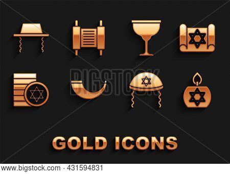 Set Traditional Ram Horn, Shofar, Torah Scroll, Burning Candle, Jewish Kippah, Coin, Goblet, Orthodo
