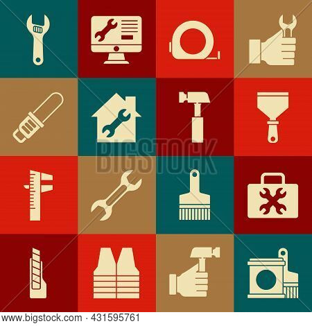 Set Paint Bucket And Brush, Toolbox, Putty Knife, Roulette Construction, House Repair, Chainsaw, Adj