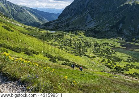 Tourists People In Rackova Valley, Western Tatras Mountains, Slovak Republic. Hiking Theme.
