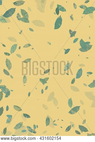 Seamless Pattern With Leaves. Green Leaves On Yellow Background. Modern Leaf Texture. Vertical Blank
