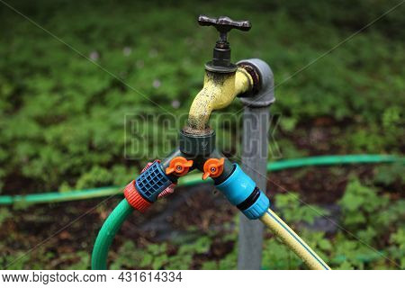 Garden Hose Tap Connector With Double Y Type Splitter. Useful Gardening Equipment.