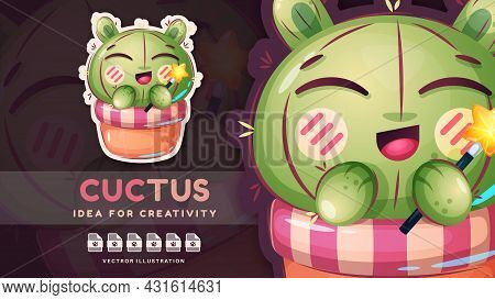 Cartoon Character Catus With Magic Wand - Cute Sticker. Vector Eps 10