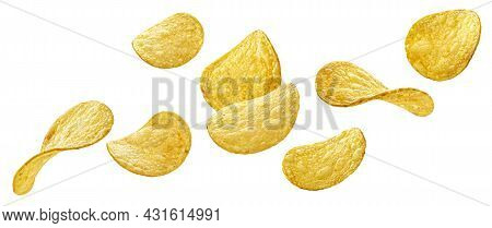 Falling Natural Potato Chips Isolated On White Background With Clipping Path