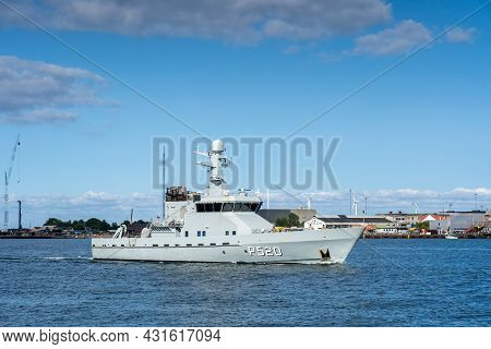 Copenhagen, Denmark - August 21, 2021: Danish Navy Ship P520 In Sailing Incopenhagen Habor