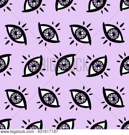 Purple Mystical, Magical Eyes Vector Seamless Pattern Background For Fortune-telling, Clairvoyance, 