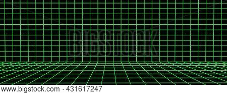 3d Wireframe Room On The Black Background. Vector Perspective Grid. Box With Digital Space.