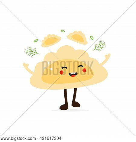 Cute Happy Cartoon Style Pierogi, Filled Dumpling Character Juggling Little Dumplings And Greenery.