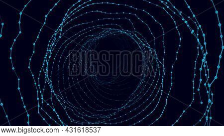 Abstract Wireframe Tunnel. Vector Blue Wormhole. 3d Portal Grid. Futuristic Fantasy Funnel.
