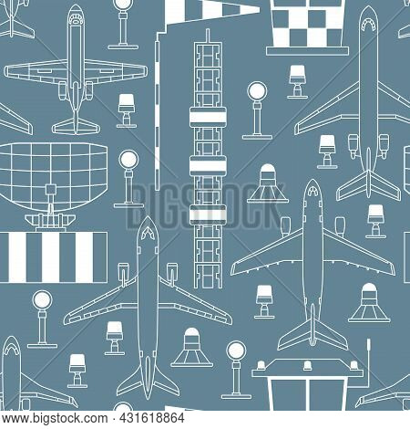 Seamless Vector Pattern With Passenger Airplanes And Aerodrome Facilities On Gray Background. Can Be