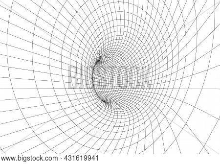 Abstract Wireframe Tunnel. Light Science Wormhole. Vector 3d Portal Grid. Futuristic Fantasy Funnel.