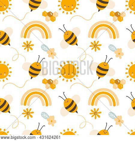 Cute Child Seamless Hand Drawn Pattern With Flying Kid Bees And Rainbow And Flowers. Vector Scandina