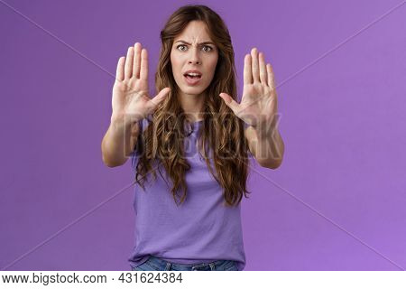 You Need Stop Hold It. Serious-looking Intense Displeased Woman Pull Hands Prohibition Taboo Sign Fr
