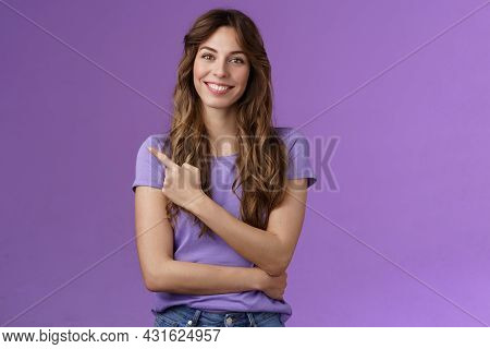 Cheerful Smart Confident Assertive Curly-haired Caucasian Female Share Link Pointing Index Fingers U