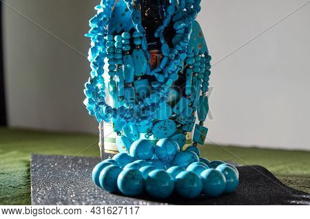 Beautiful Blue Beads. The Concept Of A Beautiful, Elegant Life And Beautiful Decoration For Woman