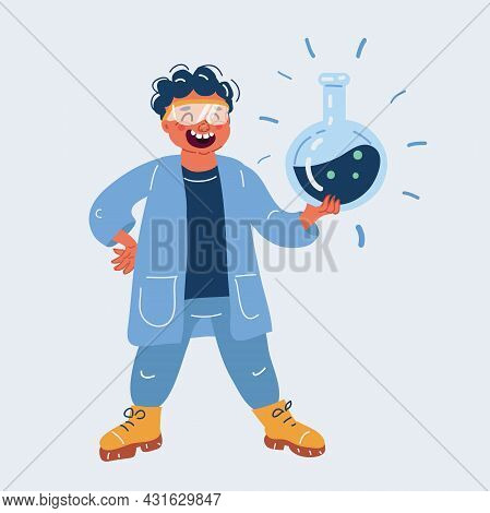 Vector Illustration Of Little Scientist Holding Test Tube. Hemistry Lesson, Experiment In The Labora